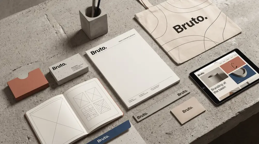 Complete brand identity system for Bruto featuring stationery, website design, branded merchandise, and visual identity, created by Marra as part of a premium branding and creative direction project.